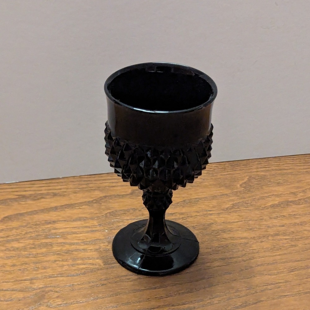 Vtg Indian Glass Tiara Exclusives Goblet Black Diamond Point Glass Chalice 6in